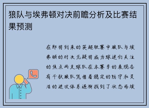 狼队与埃弗顿对决前瞻分析及比赛结果预测